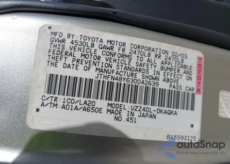 2003 Lexus Sc 430 z USA, uszkodzony, nr VIN JTHFN48Y630042639